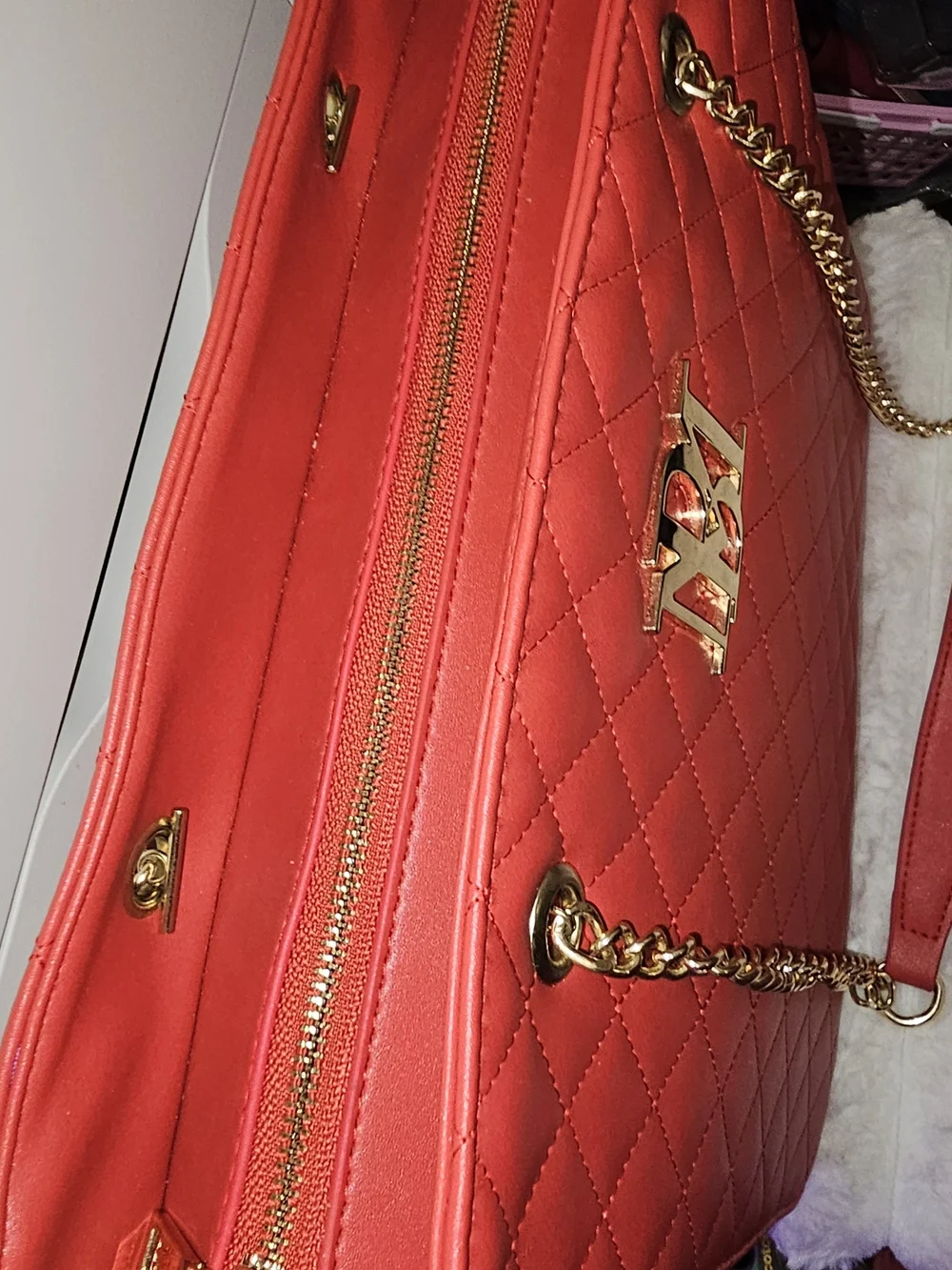Badgley Mischka Red Quilted Tote with Gold Chain Handles